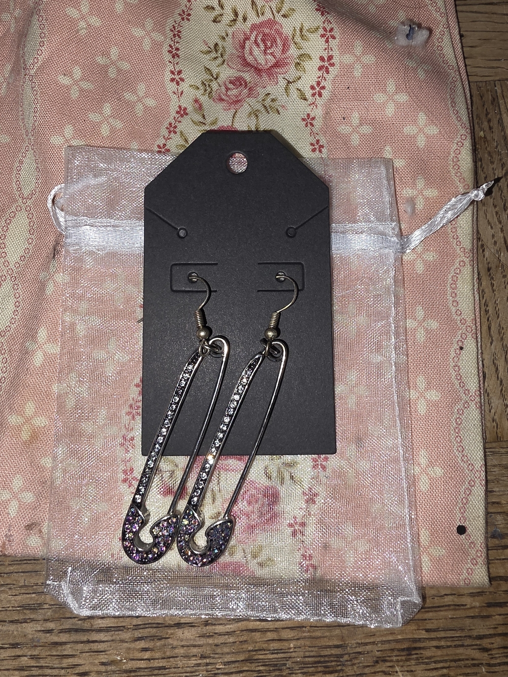 Silver-Tone Pink Crystal Safety Pin Drop Earrings